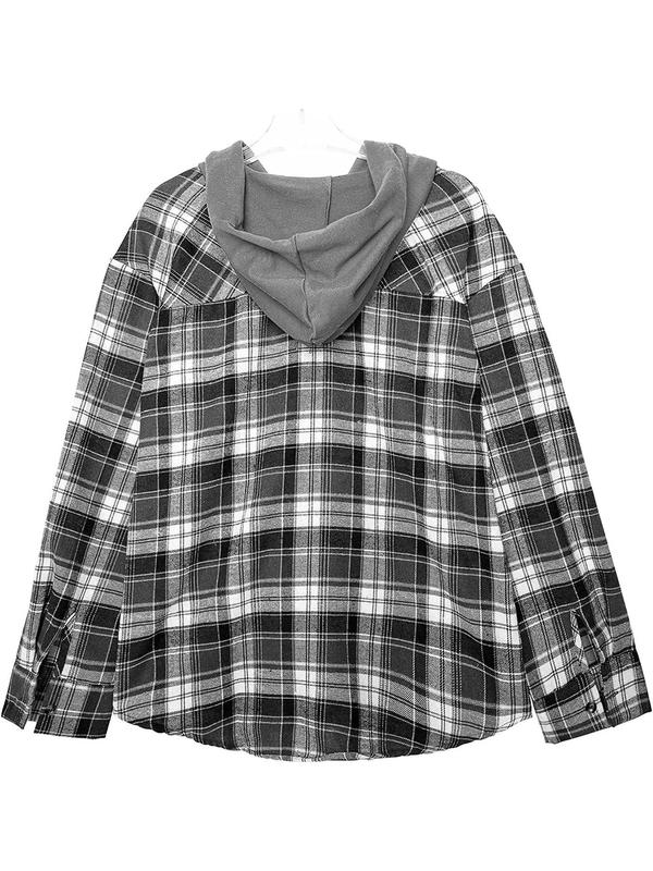 Women's Plaid Print Button Front Drawstring Hooded Jacket, Casual Pocket Drop Shoulder Long Sleeve Outerwear for Fall, Jackets for Women, Women's Clothing for Daily Wear