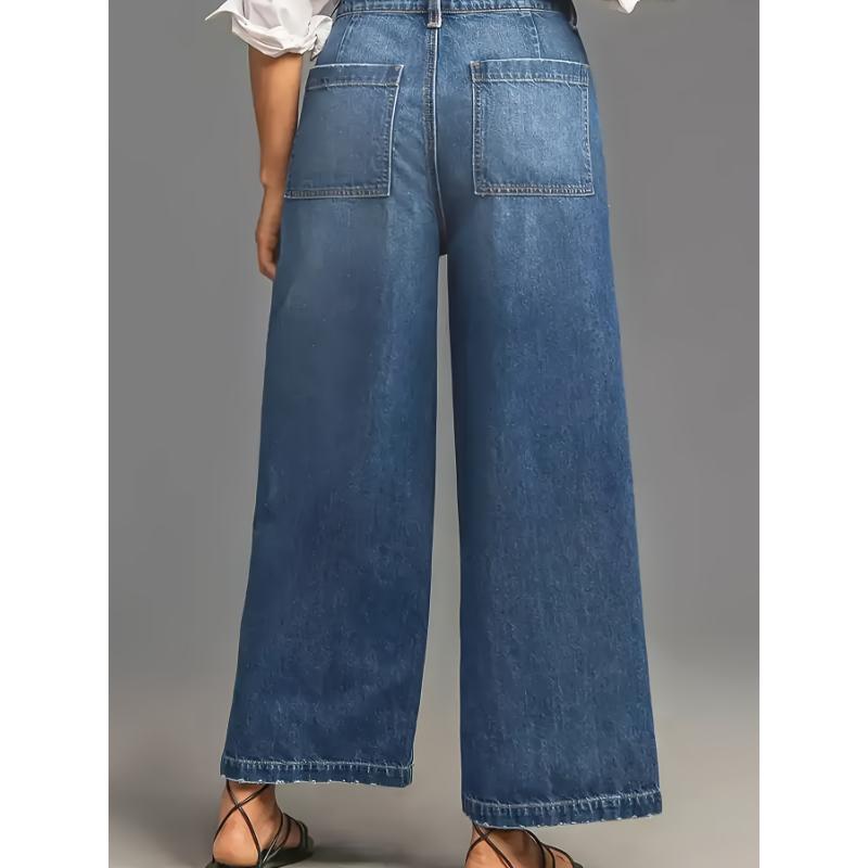 Vintage-Inspired Mid-Rise Wide Leg Jeans for Women - Casual Denim with Frayed Hem & Slant Pockets, Stretch Cotton Blend Womenswear Bottom