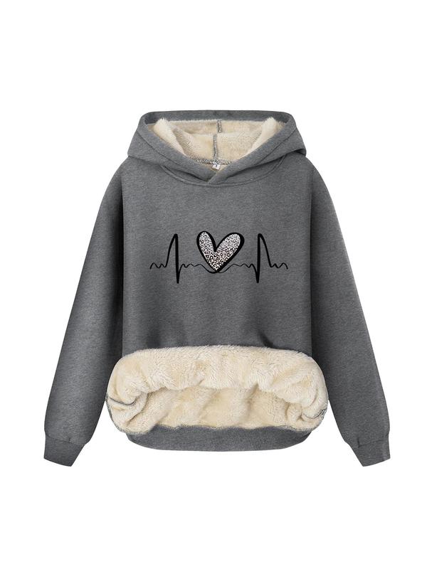 Women's Heart Print Plush Lined Hoodie, Casual Long Sleeve Hooded Sweatshirt for Fall & Winter, Ladies  Clothes for Daily Wear