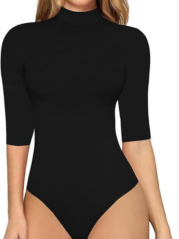 Women's Solid Mock Neck Bodysuit, Casual Comfy Half Sleeve Bodysuit for Daily Wear, Ladies Clothes for All Seasons