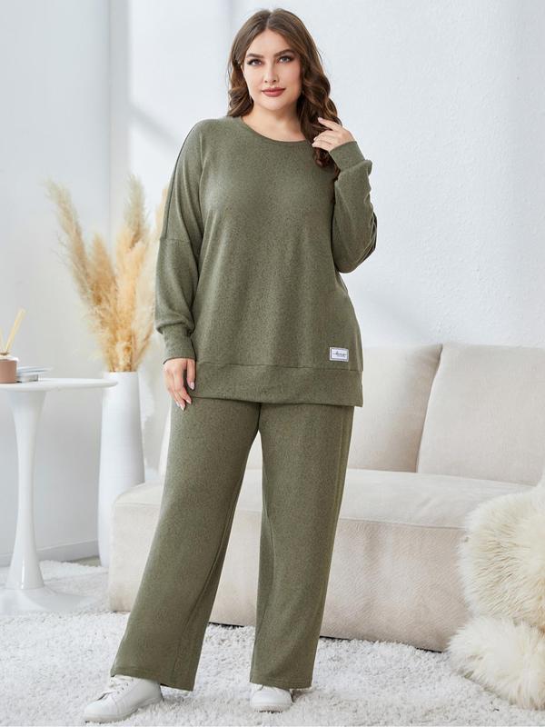  Solid Patched Crewneck Sweatshirt & Wide Leg Pants Suits Set, Casual Comfort Round Neck Top & Straight Leg Trousers for Lady Fall & Winter, Plus Size Clothes for Women, 2 Piece Sets Women, Fall Clothing Women