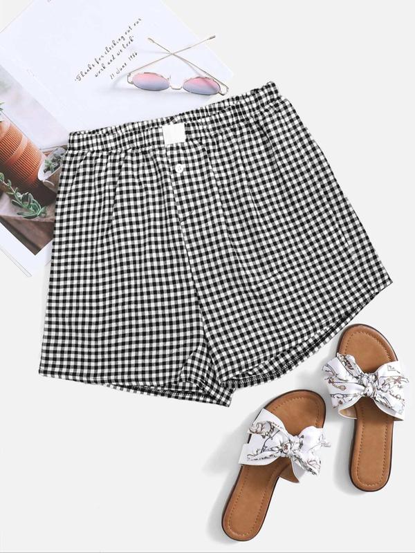 Women's Plaid Print Fake Buttons Shorts, Casual Comfy Patched Wide Leg Shorts for Daily Wear, Shorts for Women, Ladies Bottoms for All Seasons