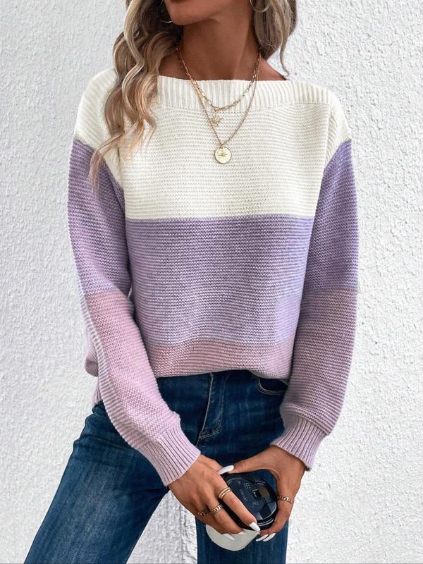 Women's Colorblock Drop Shoulder Sweater, Casual Long Sleeve Boat Neck Jumper for Fall & Winter, Fashion Ladies' Knitwear for Daily Wear