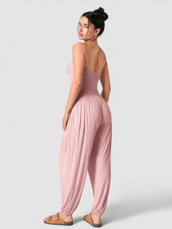 Women's Solid Backless Pocket Tube Jumpsuit, Casual Basic Minimalist Strapless Jumpsuit for Summer, Ladies Clothes for Daily Wear