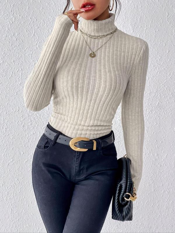 Women's Solid Long Sleeve Turtleneck Sweater, Casual Fashion High Neck Jumper for Fall & Winter, Women's Knitwear for Daily Wear