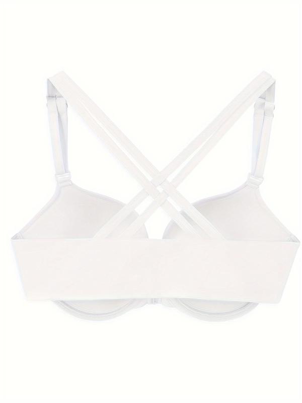 Women's Criss Cross Adjustable Strap Push Up Bra for Spring, Comfortable Breathable Solid Color Double Strap Underwire Lingerie Top for All Seasons, Women's Lingerie for Daily Wear