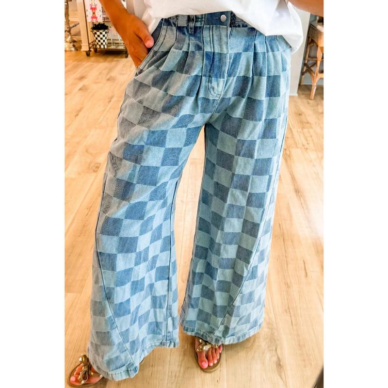 Checkered Wide Leg Jeans with Pockets