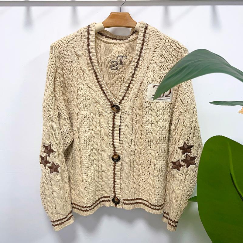 Women Beige Stars Oversized Cardigan, Star Embroidery Taylor Sweater, Fashionable Women Clothing, Christmas New Years Gift for Girls Boys Knitwear Womenswear