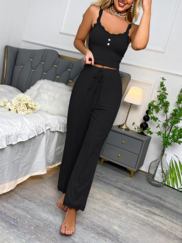 Two-Piece Set Women's Solid Button Front Cami Top & Tie Front Pants Ribbed Pajama, Casual Comfy Spaghetti Strap Top & Wide Leg Trousers PJ Set, Ladies Sleepwear for All Seasons