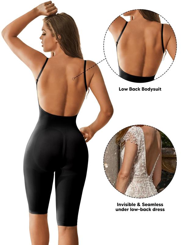 Women's Solid Backless Adjustable Strap Knee Length Shapewear Romper, Tummy Control Butt Lifting Seamless Shapewear Bodysuit, Ladies Shaper for All Seasons