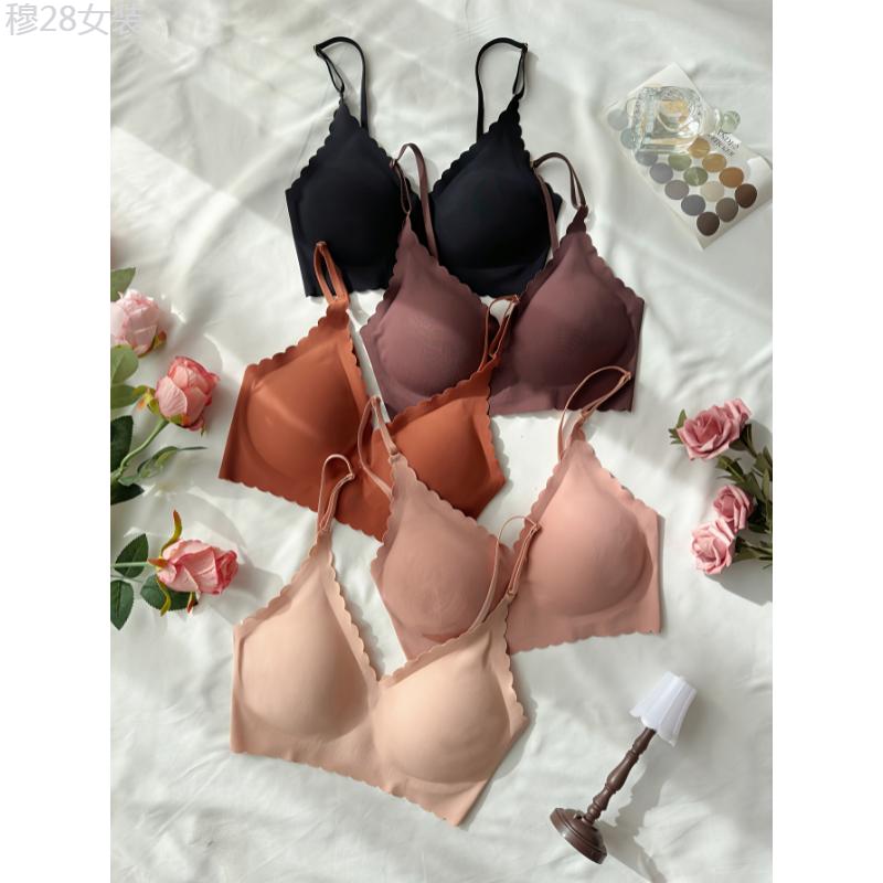 5 Pcs Solid Bras, Elegant Scallop Trim Seamless T-shirt Bra with Adjustable Strap, Women's Lingerie & Underwear Comfort Fabric