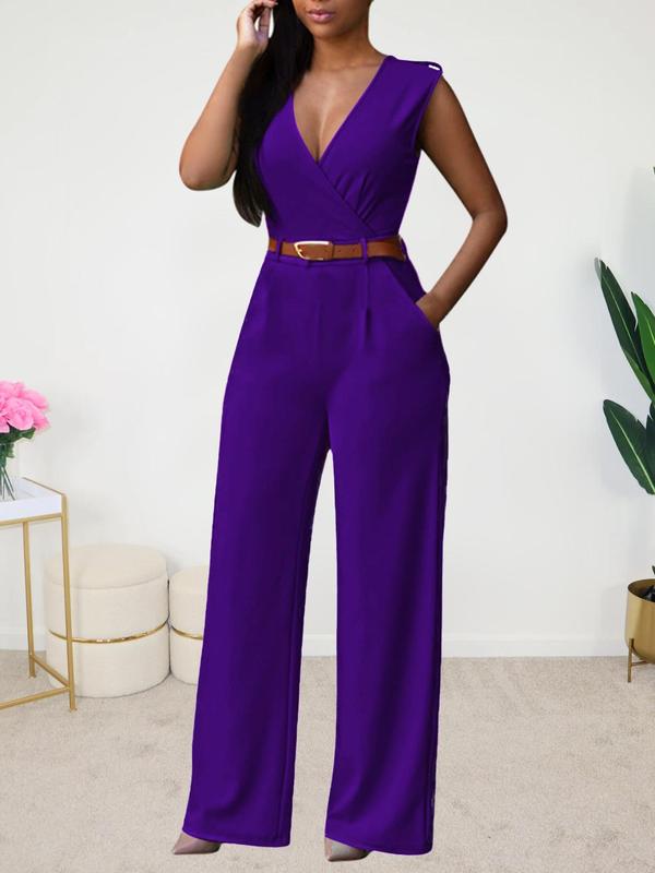 Women's Solid Belted Pocket Wide Leg Jumpsuit, Elegant Deep V Neck Sleeveless Jumpsuit for Work Office Business, Ladies Summer Clothes