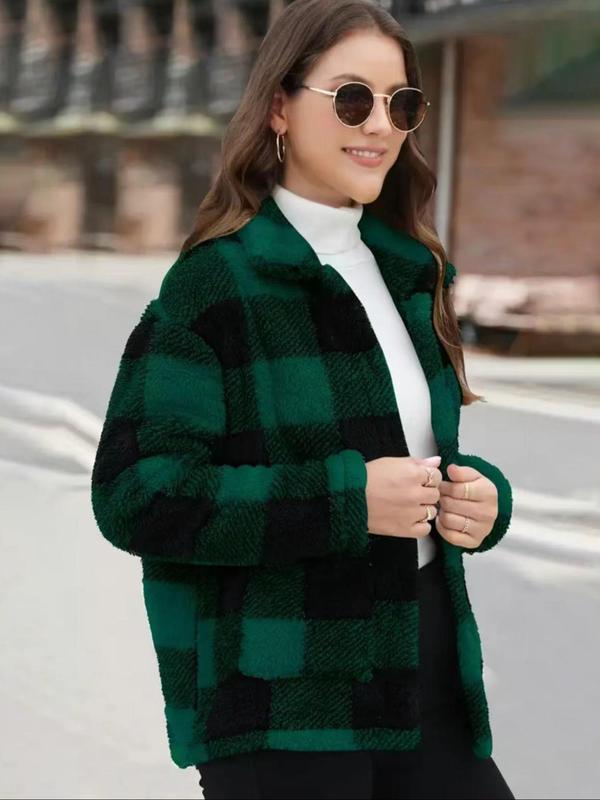 Women's Plaid Print Button Front Fuzzy Coat, Casual Long Sleeve Pocket Collared Outerwear for Fall & Winter, Ladies Clothes for Daily Wear