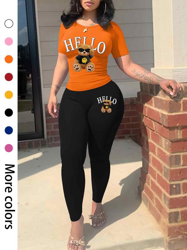 Two-Piece Set Women's Cartoon Bear Print Short Sleeve Tee & Elastic Waist Pants, Casual Round Neck T-shirt & Skinny Pants Matching Sets, Ladies Spring & Fall Clothes