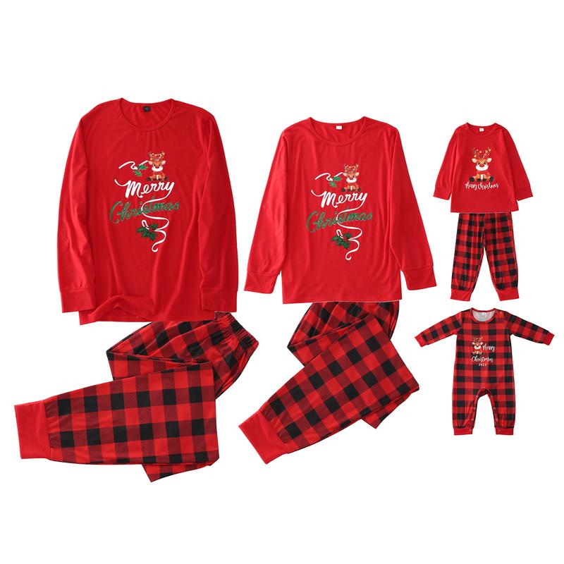 Red Christmas Parent-child Nightwear Set, Red Plaid and Letters Printed Pattern Long Sleeve Tops and Pants