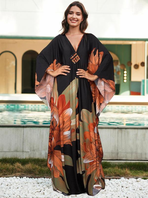 Plus Size All Over Print Batwing Sleeve Kaftan Dress, Boho V Neck Split Cover Up Dress for Beach Holiday, Muumuu Dress, Dresses for Women, Women's Clothes for Daily Wear