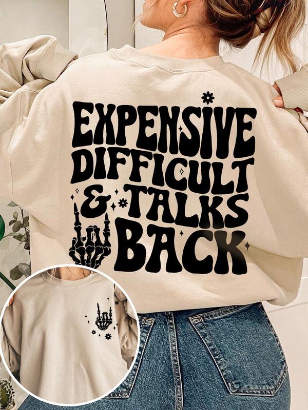 Women's Skeleton & Letter Print Drop Shoulder Sweatshirt, Casual Long Sleeve Round Neck Pullover for Daily Wear, Ladies Fall & Winter Clothes