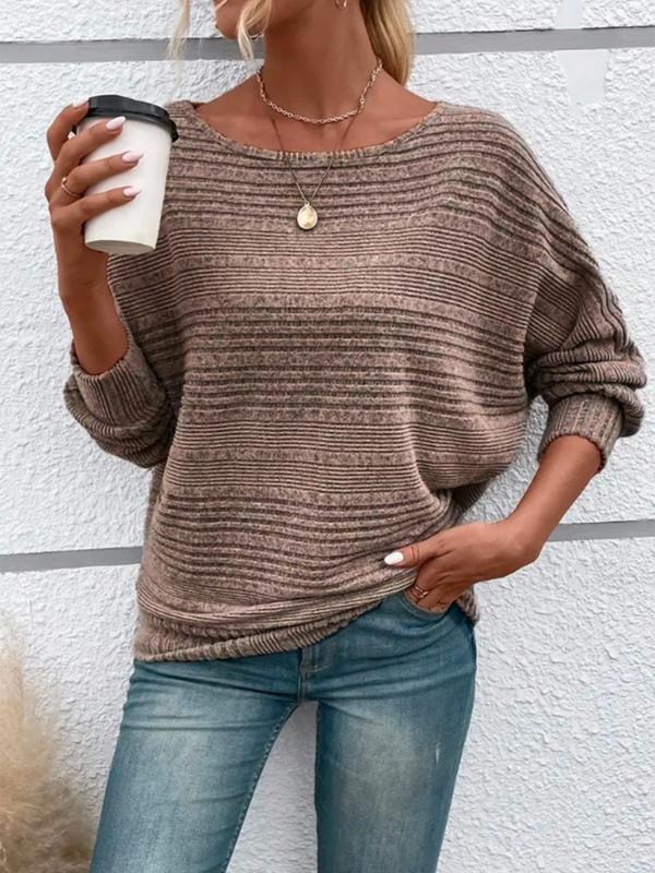 Women's Plain Ribbed Batwing Sleeve Boat Neck Sweater, Casual Long Sleeve Jumper for Spring & Fall, Fashion Women's Knitwear for Daily Wear