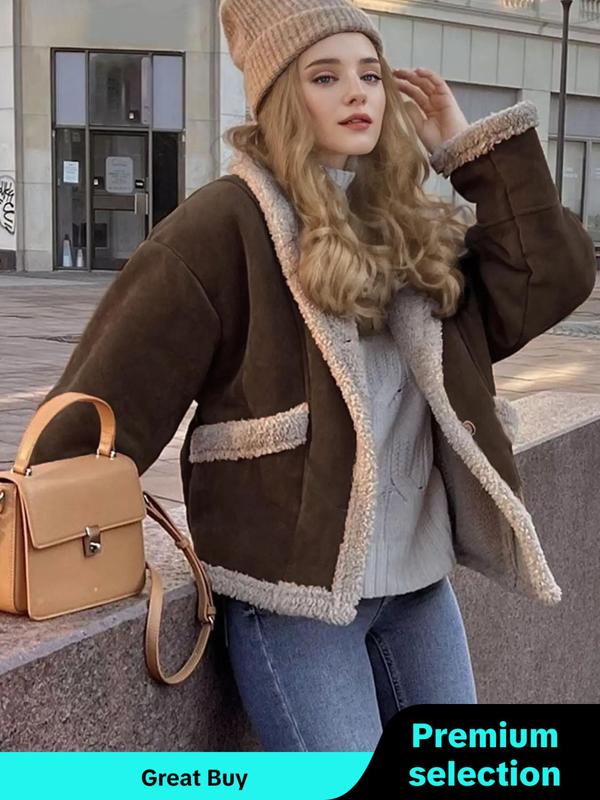 Women's Solid Color Pocket Button Front Thermal Lined Coat, Casual Drop Shoulder Long Sleeve Outerwear for Fall & Winter, Winter Clothes Women, Women's Clothing for Daily Wear