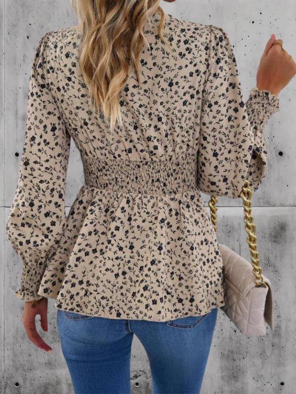 Women's Ditsy Floral Print Shirred Wrap Blouse, Elegant Flounce Sleeve V Neck Top for Spring & Fall, Women's Clothing for Daily Wear, Going Out Tops, Tops for Women, Fall Clothing Women