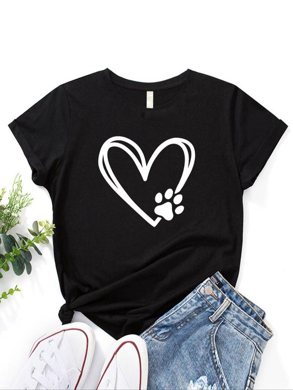 Women's Heart Print Short Sleeve T-Shirt, Summer Clothes Women, Vintage Graphic Tees, Casual Graphic Round Neck Tee for Summer, T Shirts for Women, Women's Top for Daily Wear, Womenswear