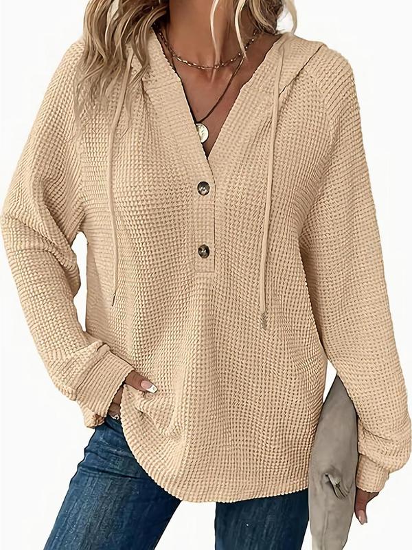 Women's Plain Drawstring Button Raglan Sleeve Hooded Sweater, Casual Long Sleeve Hooded Jumper for Fall & Winter, Fashion Ladies' Knitwear for Daily Wear