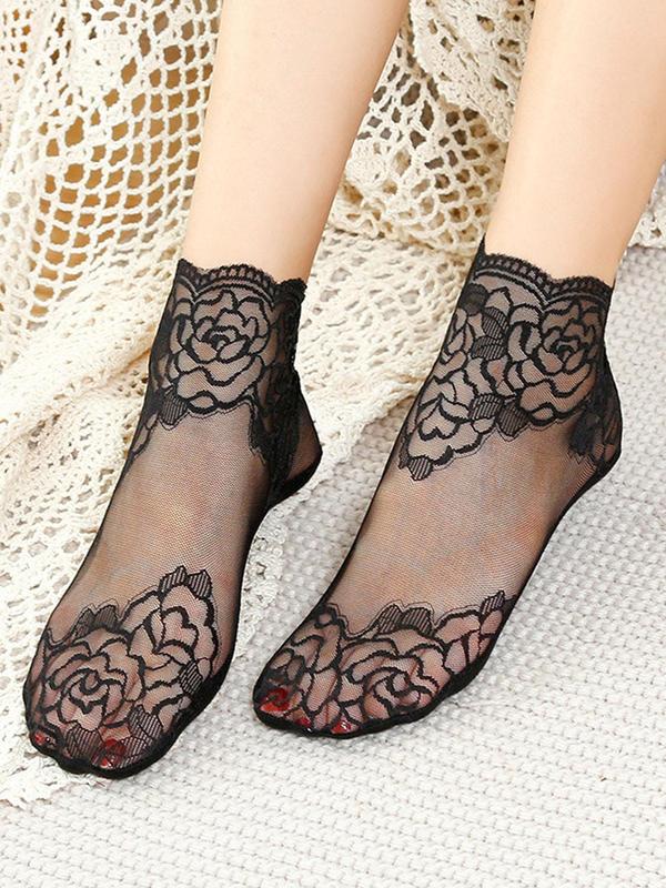 Women 5 Pairs Plain Floral Lace Scalloped Trim Crew Socks, Summer 2024 Breathable Fashion Casual Socks For Summer, Ladies Socks For Daily Wear