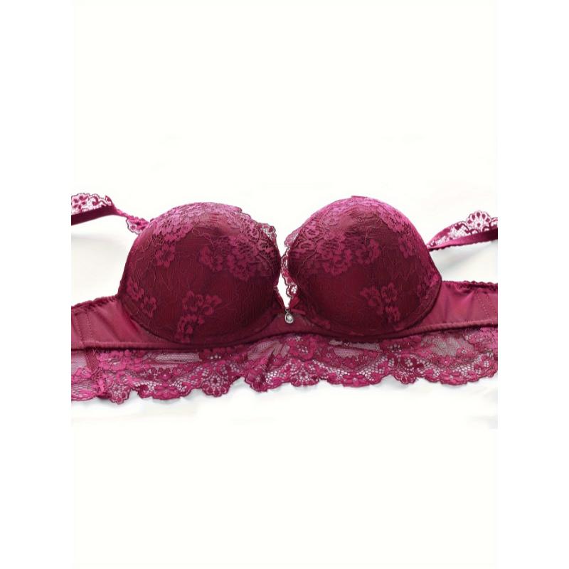 Full Coverage Scallop Trim Elegant Solid Floral Lace Bra & Panty Lingerie Set, Women's Lingerie & Underwear Push Up