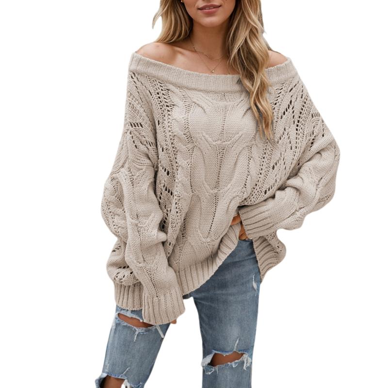 Women's Off Shoulder Oversized Pullover Textured Knit Batwing Sleeve Sweater Casual Tops for Atumn and Winter