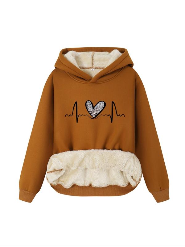 Women's Heart Print Plush Lined Hoodie, Casual Long Sleeve Hooded Sweatshirt for Fall & Winter, Ladies  Clothes for Daily Wear