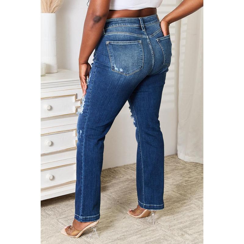 Judy Blue Full Size Mid Rise Hand Sand & Destroy Bootcut Jeans Basic Comfort judy blue Fit Spandex