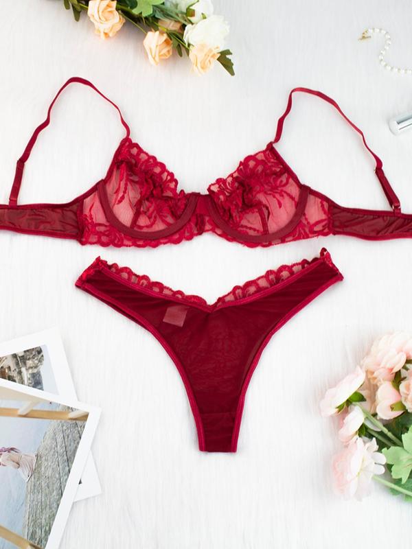 Women's Floral Embroidery Contrast Lace Sheer Bra & High Waist Thong Two-piece Set, Adjustable Strap Lingerie Set, Soft Comfy Breathable Underwear Set for Women