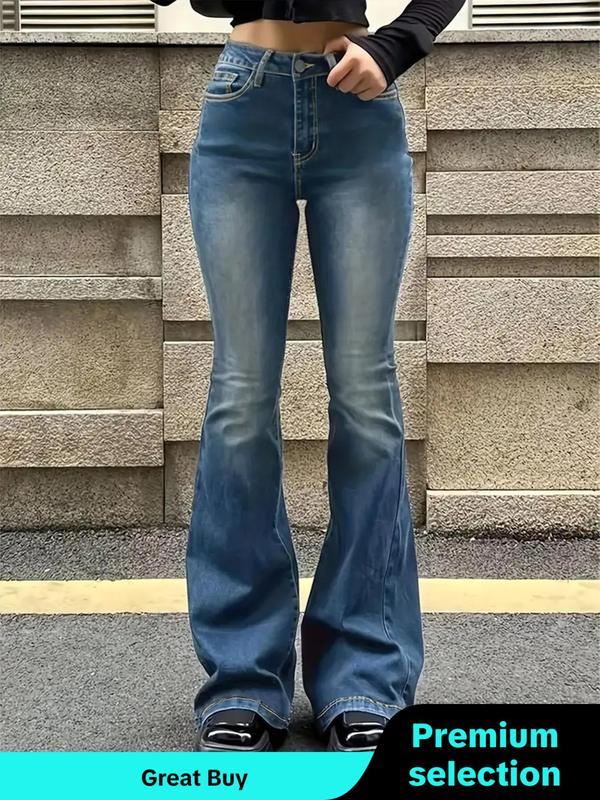 Women's Plain Button Flare Leg Jeans, Casual Fashion Bell Bottom Denim Pants for Daily Outdoor Wear, Women Vintage Clothing for Fall & Winter