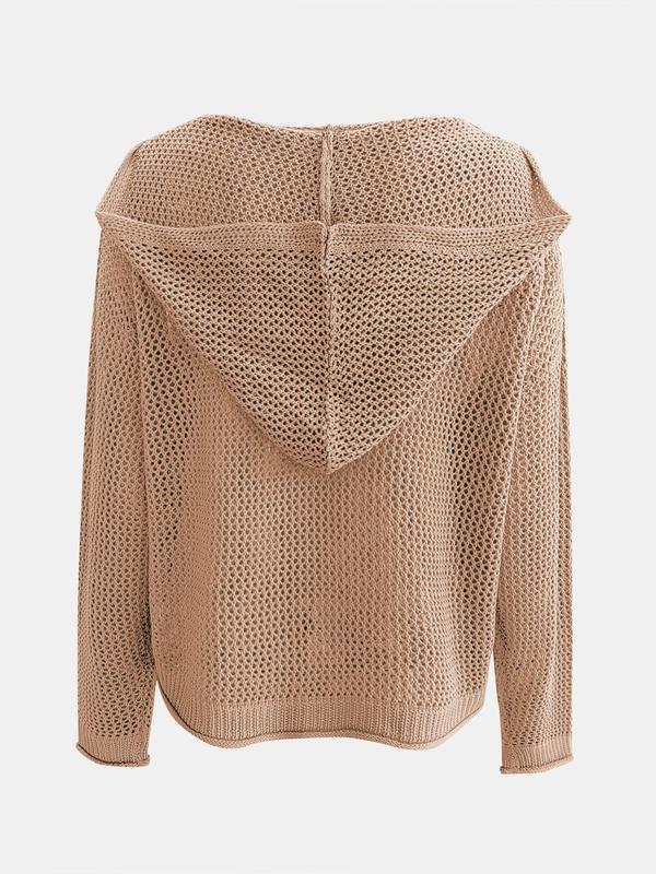 Women's Solid Hollow Out Sheer Hooded Sweater, Casual Drop Shoulder Long Sleeve Jumper for Summer, Fashion Ladies' Knitwear for Daily Wear