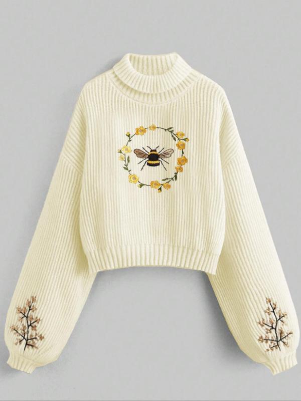 Women's Bee & Floral Embroidery Bishop Sleeve Sweater, Casual Long Sleeve High Neck Jumper for Fall & Winter,  Sweaters for Women, Fashion Ladies' Knitwear for Daily Wear