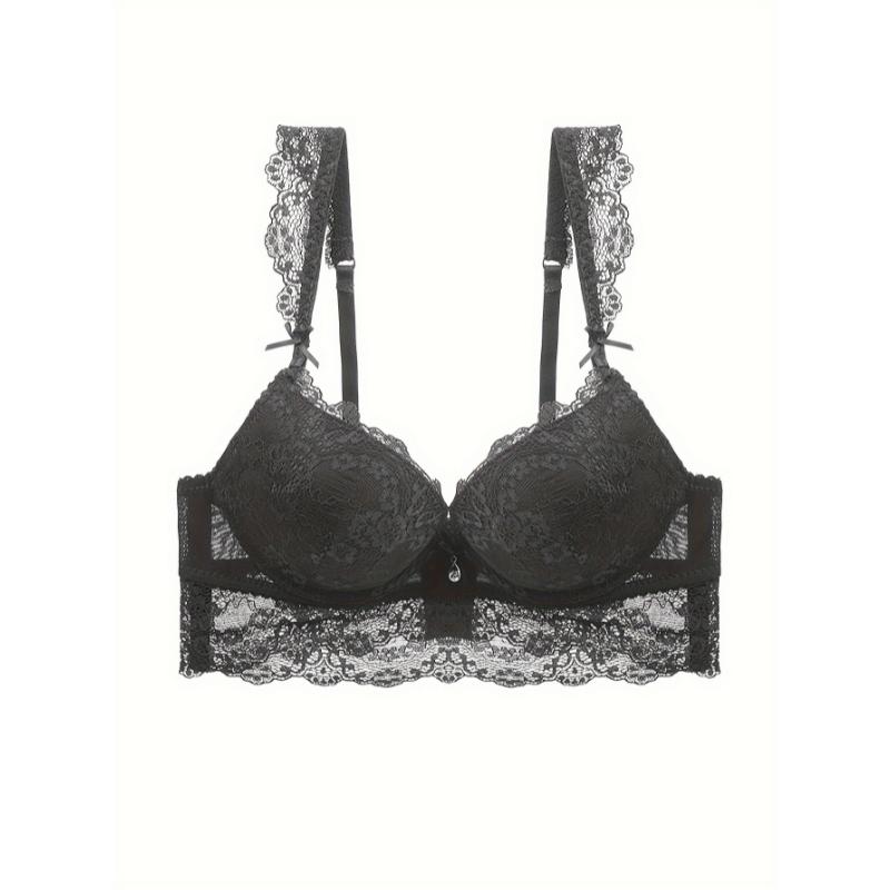 Full Coverage Scallop Trim Elegant Solid Floral Lace Bra & Panty Lingerie Set, Women's Lingerie & Underwear Push Up