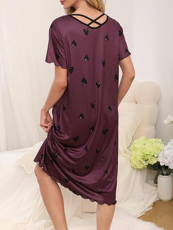 Women's Heart Print Lettuce Trim Criss Cross Nightdress, Casual Soft Comfortable Round Neck Short Sleeve Nightgown for Daily Wear, Ladies Sleepwear for All Seasons