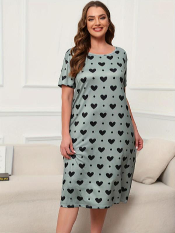  All Over Heart & Polka Dot Print Drop Shoulder Nightdress, Casual Comfy Short Sleeve Round Neck Nightgown for Women, Women's Plus Size Sleepwear for All Seasons