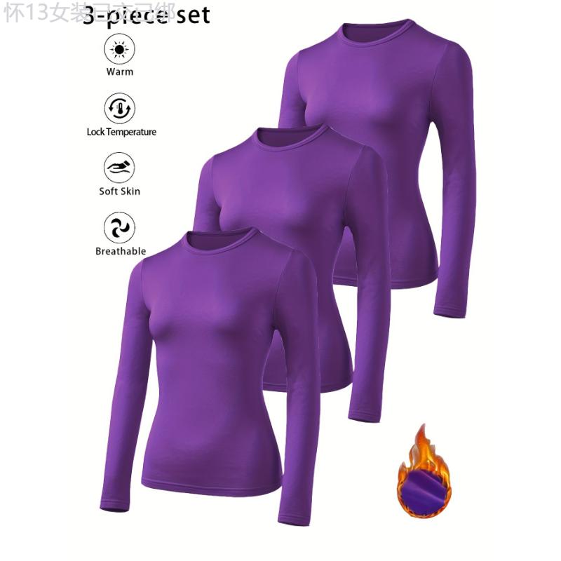 3 Piece Set - Soft, Warm, and Cozy Long Sleeve Solid Color Thermal Round Neck T-Shirts for Women - Perfect for Cold Weather, Daily Wear, and Layering Under Clothing Fabric Womenswear Collar Polyester Comfort Knit Comfort Knit Basic Crewneck Minimalist