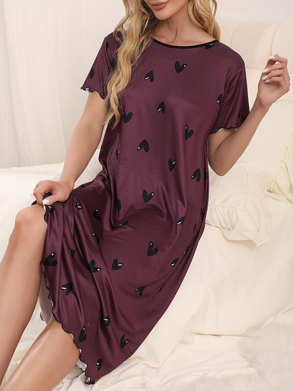 Women's Heart Print Lettuce Trim Criss Cross Nightdress, Casual Soft Comfortable Round Neck Short Sleeve Nightgown for Daily Wear, Ladies Sleepwear for All Seasons