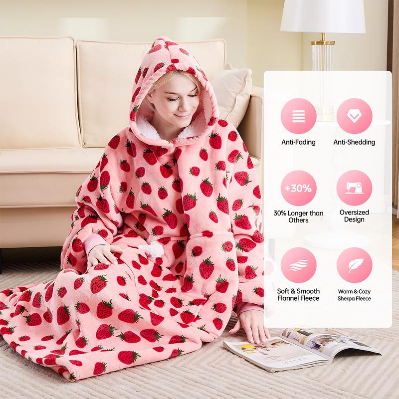 Long Wearable Blanket Hoodie Oversized Sherpa Fleece Hooded Sweatshirt Blanket with Sleeves,Cozy and Giant Blanket Hoodie Extra Long for Adults Women Winter Gift (Strawberry)