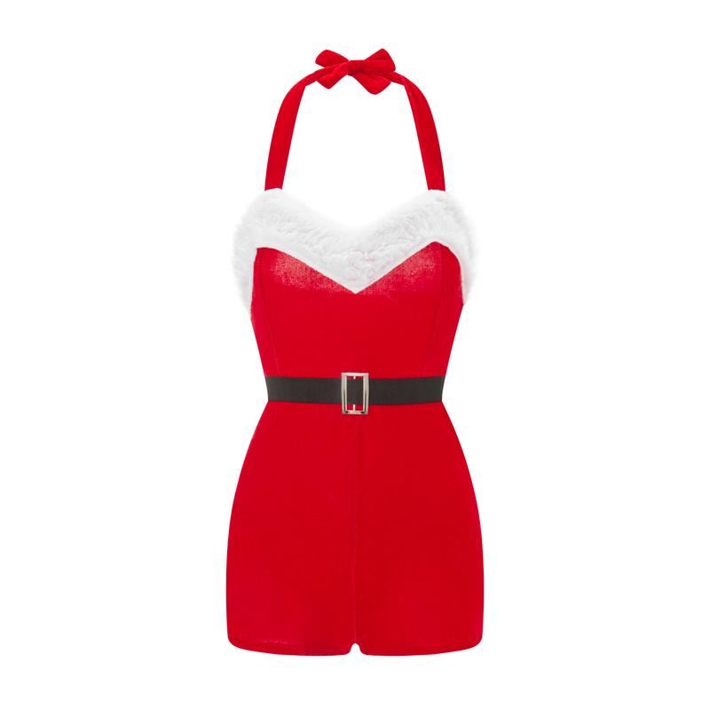 Christmas Women's Mrs. Claus Costume, Sleeveless Faux Fur Trim Halter Romper Short Jumpsuit Bodysuits