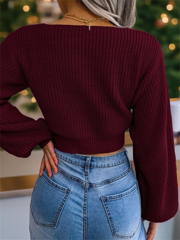 Women's Plain Bow Decor Tie Front Crop Sweater, Casual Bishop Sleeve V Neck Jumper for Fall & Winter, Women's Knitwear for Daily Wear