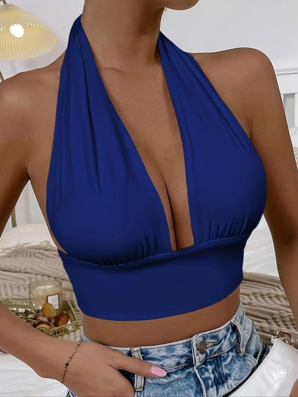 Women's Backless Tie Back Top, Casual Ruched Halter Neck Top, Summer Clothes Women, Ladies Clothes for Daily Wear