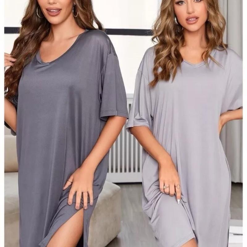 2-Pack Women Nightgowns Short Sleeve Dark & Light Grey Gray Oversized loungewear silky jersey material Dress nightwear silky