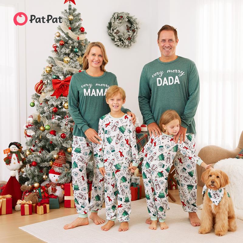 PatPat Christmas Pajamas Soft & Stretchy Family Matching Long Sleeves Christmas Pajamas Family Costume Very Merry Green Tops Allover Pattern Pants Pajamas Sets ( Flame Resistant )