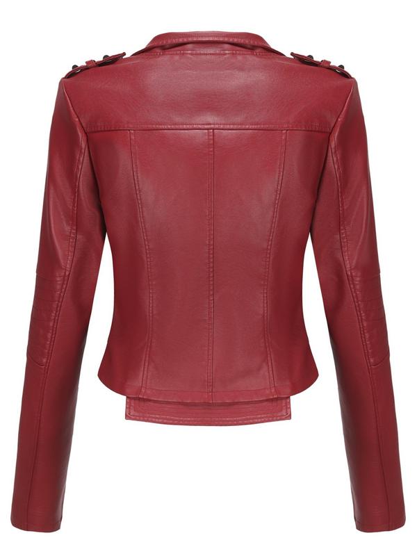 Women's Solid Color Zipper Pocket Faux Leather Jacket, Casual Long Sleeve Lapel Outerwear for Spring & Fall, Ladies Clothes for Daily Wear