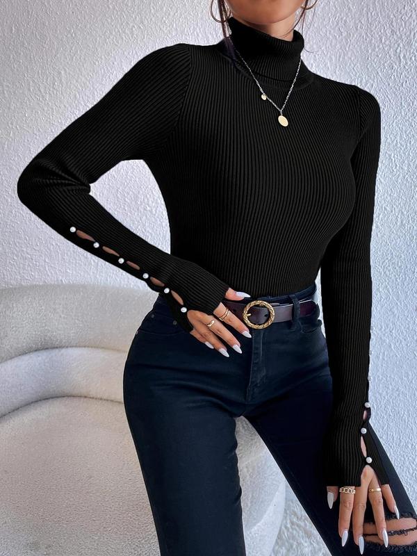 Women's Fashion Plain Button Hollow Out Long Sleeve High Neck Sweater, Basic Casual Turtleneck Jumper for Fall & Winter