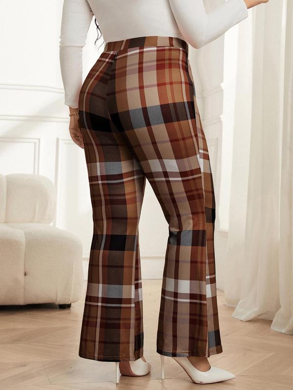 CURVZY Plus Size Plaid Print Flare Leg Pants, Casual Comfy Bell Bottom Trousers for Daily Wear, Women's Bottoms for Spring & Fall