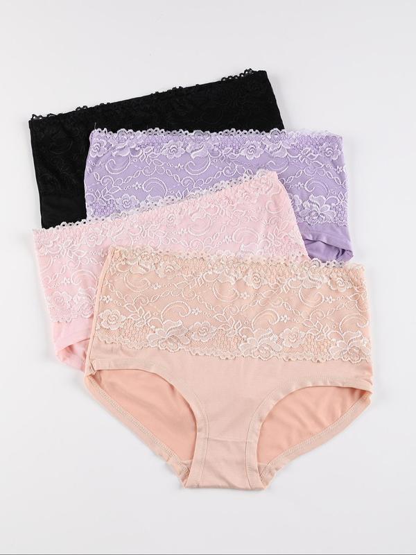  Contrast Floral Lace High Waist Panty, Soft Comfy Breathable Knicker for Daily Wear, Women's Underwear for All Seasons